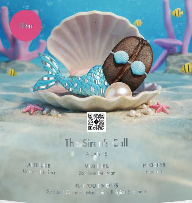 19grams The Siren’s Call Kaffee – 250 g – Etikett mit Sirenen-Bohne in der Muschel und den Angaben Atlantis, Under The Sea, Bourbon Del Mar, Hooked
