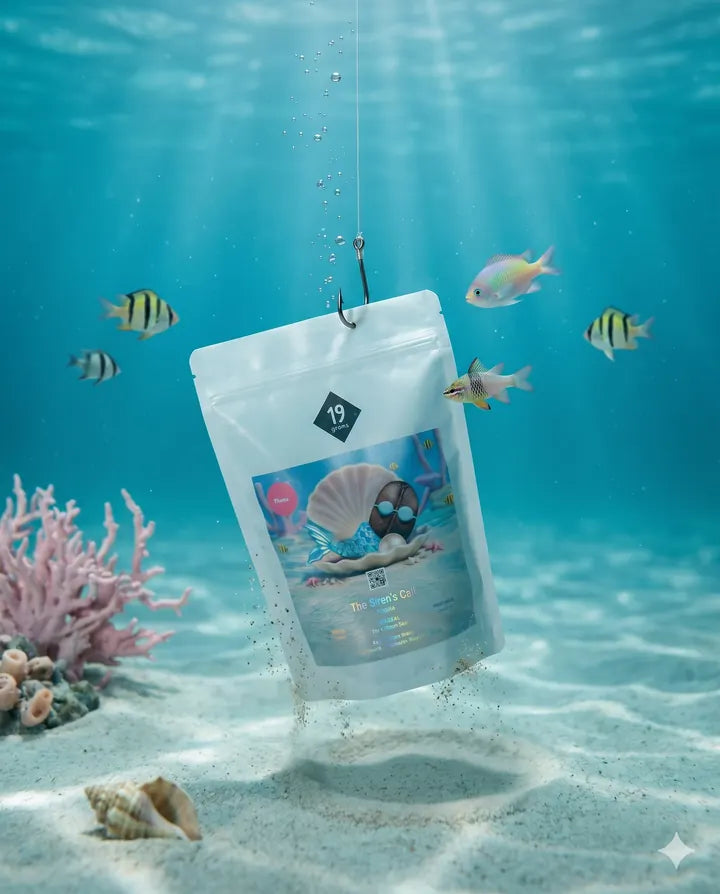 19grams The Siren’s Call Kaffee – 250 g – Tüte hängt an einem Angelhaken unter Wasser, tropische Fische schwimmen drumherum