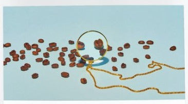 19grams Teströstung Kaffee – 1 kg – Etikett-Illustration: Kaffeebohnen unter einer Lupe, daneben eine goldene Kette