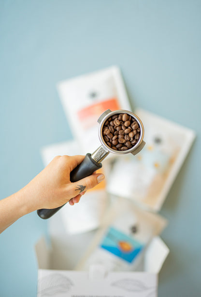 Siebträger gefüllt mit Kaffeebohnen im Hintergrund das 19grams Kaffeeprobier-Set